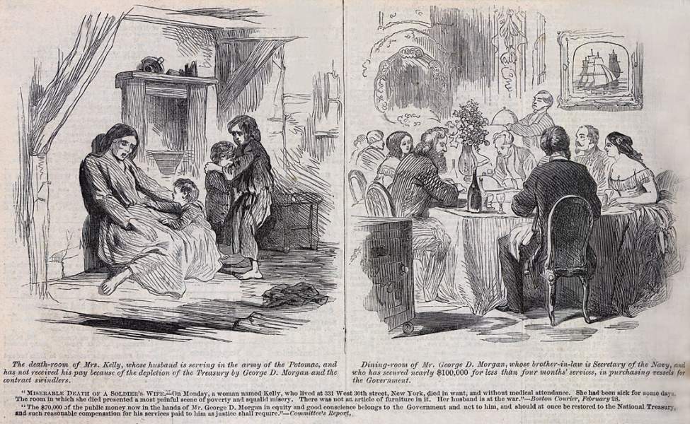 "The Death-Room of Mrs. Kelly - the Dining Room of Mr. George D. Morgan," cartoon, March 22, 1862
