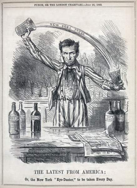 'The Latest From America; Or, the New York 'Eye Duster' to be taken every day,” cartoon, June 7, 1862