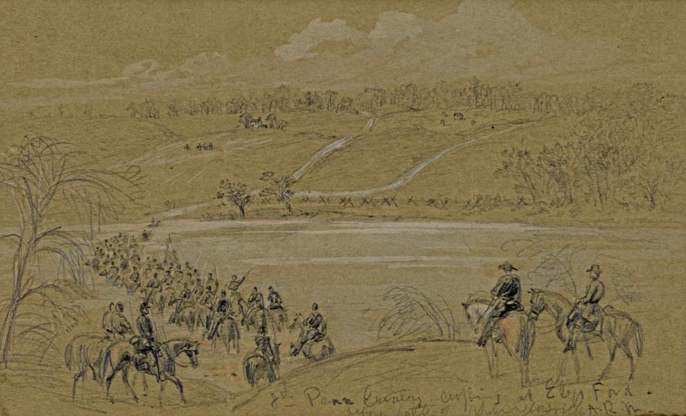 Pennsylvania Cavalry crossing the Rapidan River at Ely's Ford, April 1864, artist's impression