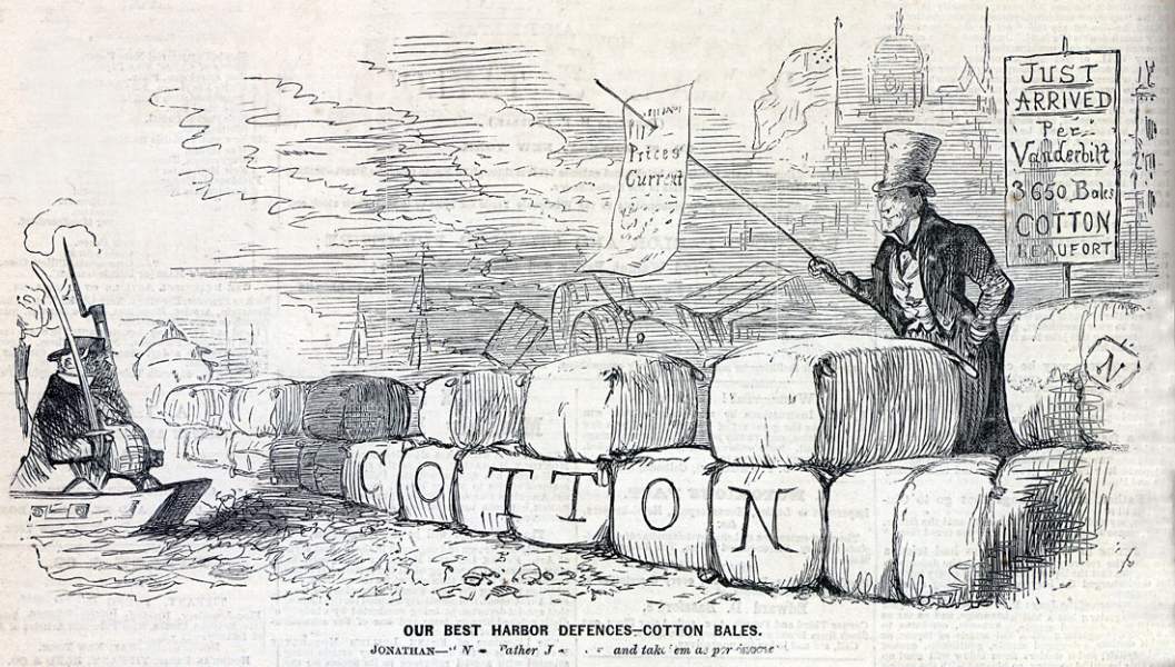 "Our Best Harbor Defenses - Cotton Bales," cartoon, January 25, 1862