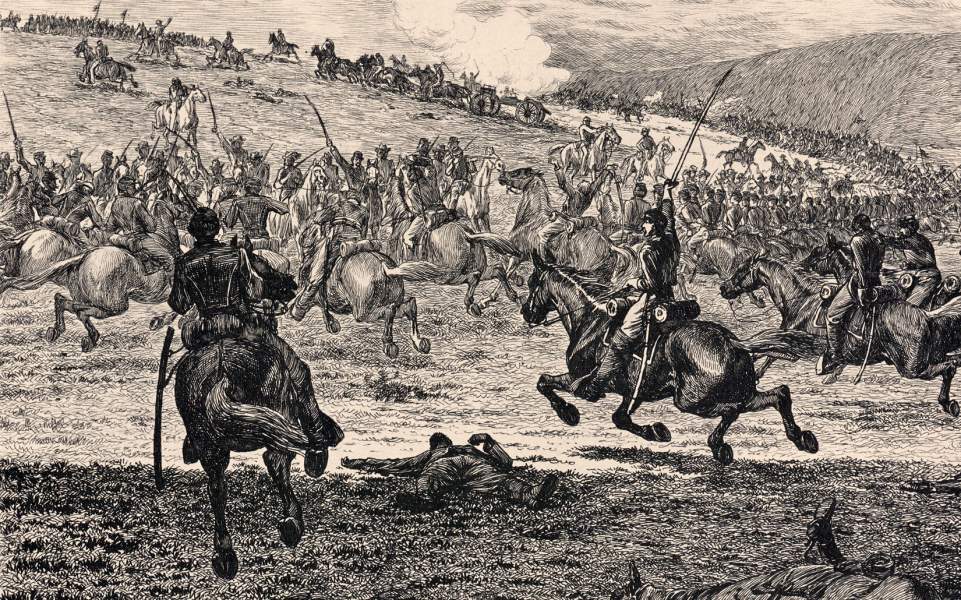 "A Cavalry Charge," Edwin Forbes, copper plate etching, 1876, detail, zoomable image