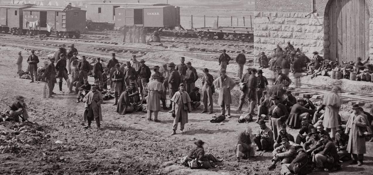 Chattanooga, Tennessee, 1864, railroad depot with Confederate prisoners, detail, zoomable image