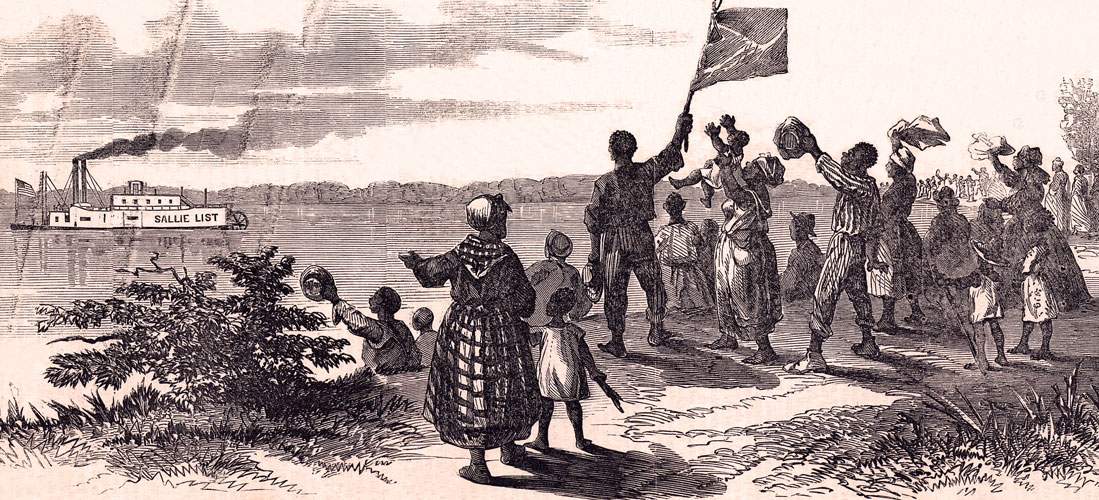 African-Americans cheering the opening of the Mississippi, July 1863, artist's impression, detail