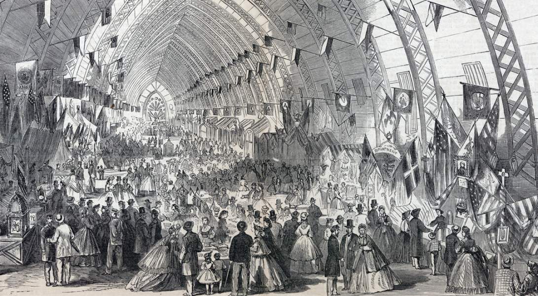 Great North-Western Sanitary Fair, Chicago, Illinois, interior view, June 1865, artist's impression, detail