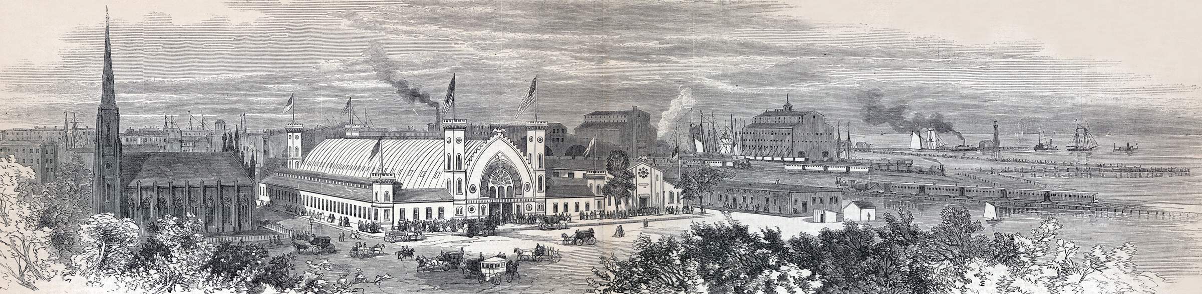 Great North-Western Sanitary Fair, Chicago, Illinois, exterior view, June 1865, artist's impression, zoomable image