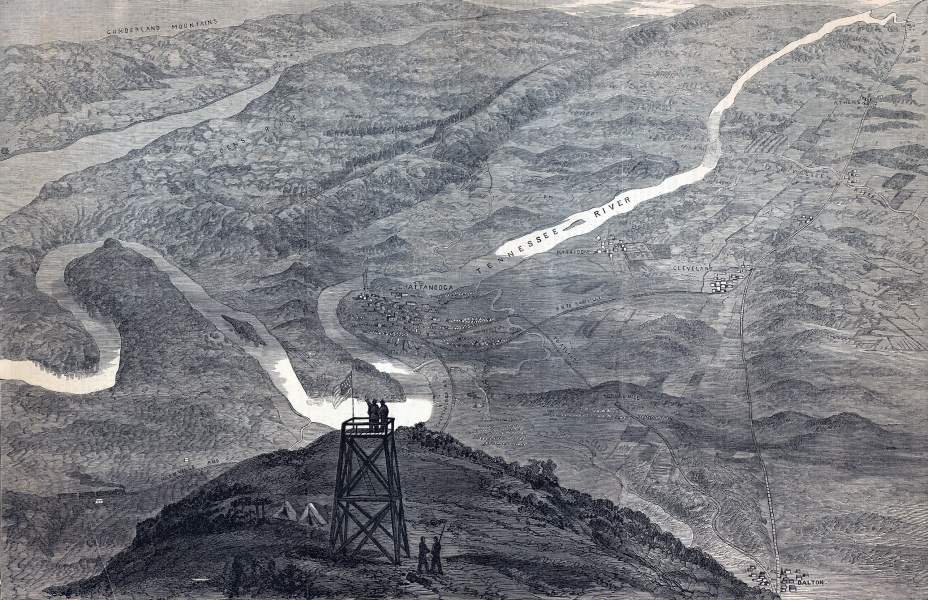 Chattanooga, Tennessee, bird's eye view of area, September 1863, artist's impression, zoomable image
