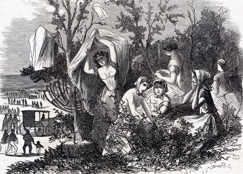 "Ladies Preparing for the Bath," Farmer's Picnic at the beach, Raritan Bay, New Jersey, August 1, 1865, artist's impression