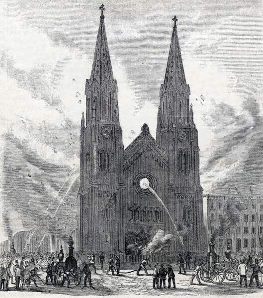 St. George's Church on Sixteenth Street, New York City, afire on November 14, 1865, artist's impression