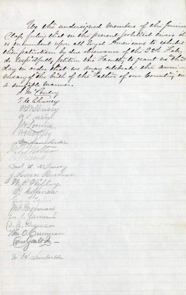 Petition by Juniors, Dickinson College, to suspend classes for George Washington's Birthday, February 22, 1861 