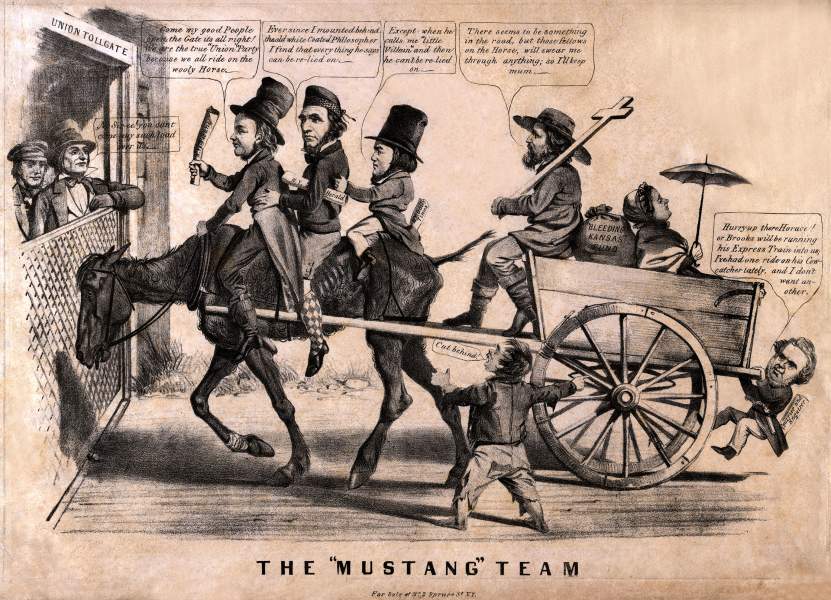 "The 'Mustang' Team,” cartoon, 1856, zoomable image