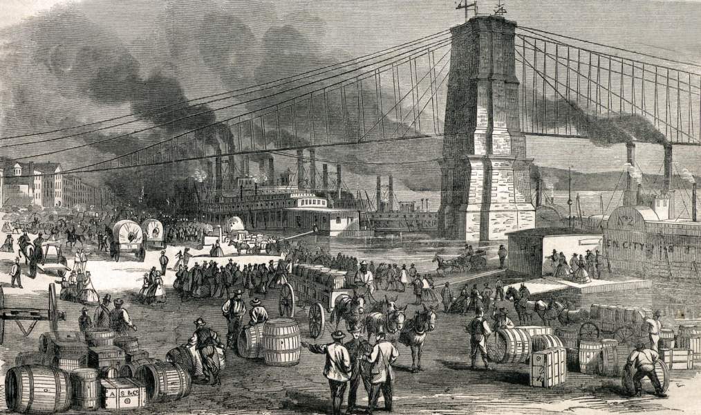 Cincinnati, Ohio, the Levee, April, 1866, artist's impression, zoomable image
