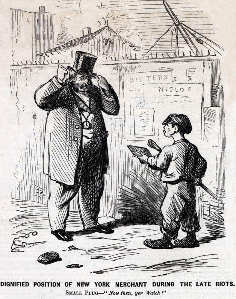 "Dignified Position of New York Merchant During the Late Riots," cartoon, September 5, 1863