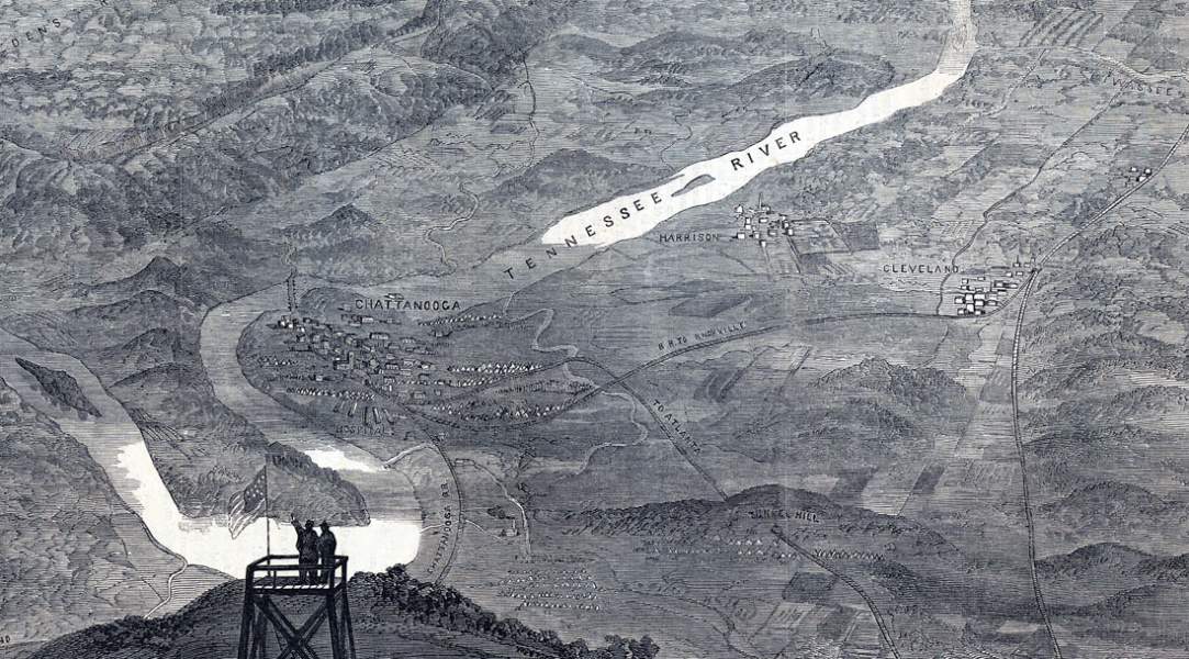 Chattanooga, Tennessee, bird's eye view of area, September 1863, artist's impression, detail