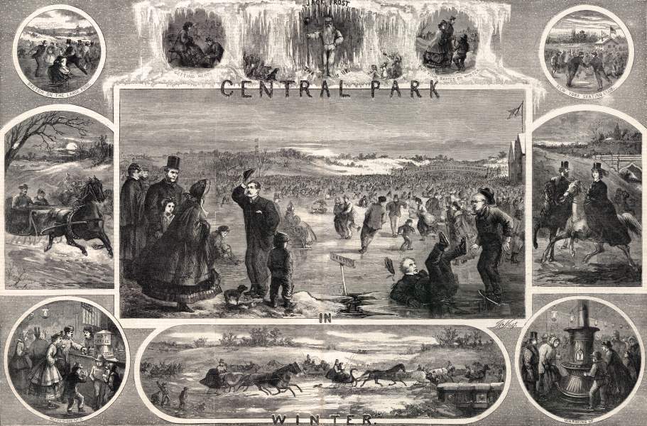 Thomas Nast, "Central Park in Winter," Harper's Weekly, January 1864, artist's impression, zoomable image