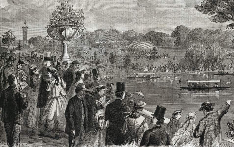 "Music on the Lake," Central Park, New York City, October 1865, artist's impression, detail