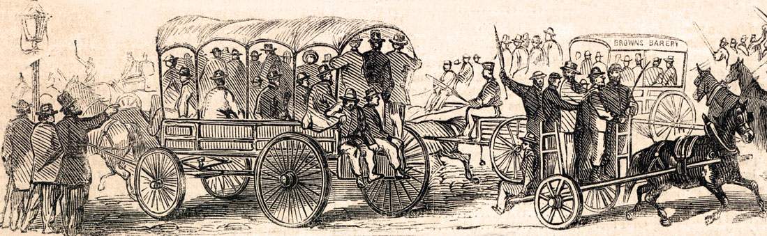 Rioters using transport on Broadway, New York City, July, 1863, artist's impression, detail
