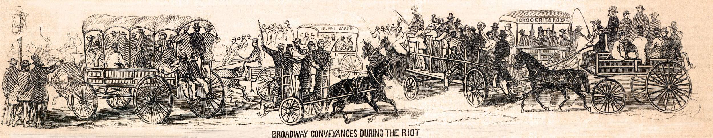Rioters using transport on Broadway, New York City, July, 1863, artist's impression, zoomable image