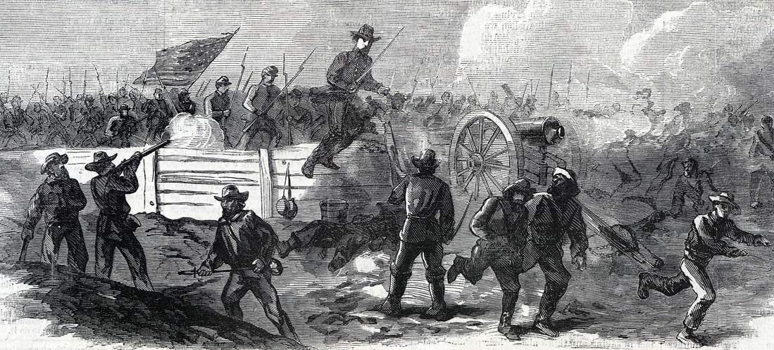 Colonel N.E. Welch of 16th Michigan leaping the parapet at Peeble's Farm, Virginia, September 30, 1864, artist's impression