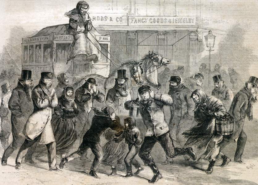 Cold Weather strikes New York City, street scene, January 8, 1866, artist's impression, zoomable image