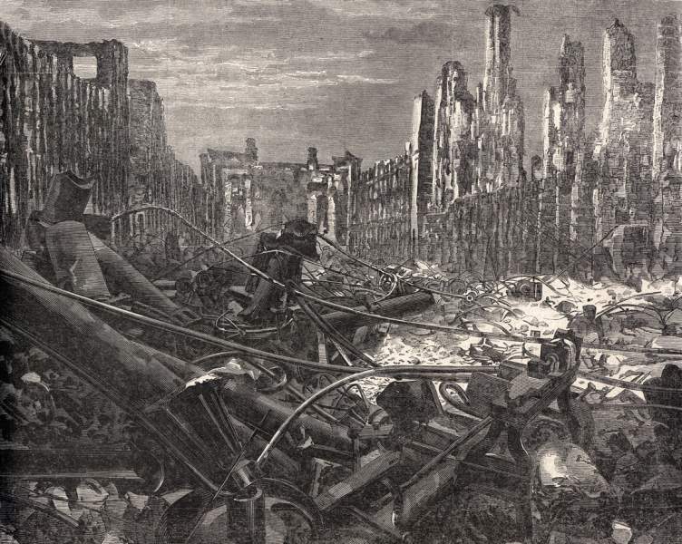 Colt's Small Arms Factory in Hartford, Connecticut after the fire of February 5, 1864, artist's impression