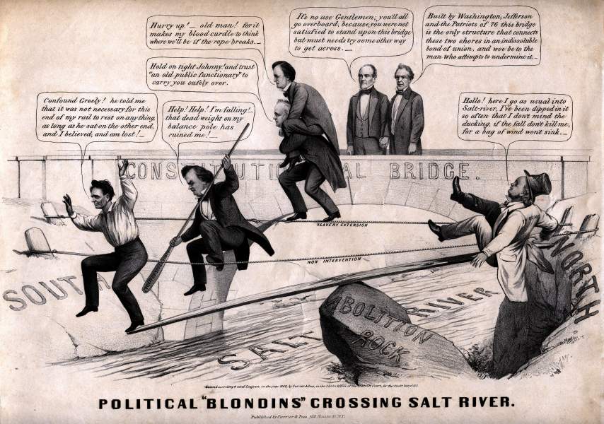 "Political 'Blondins' Crossing Salt River,” cartoon, 1860, zoomable image