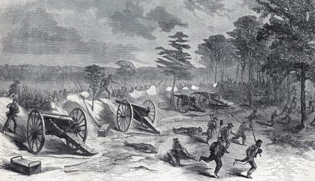 Union infantry storm C.S.A. gun emplacements, Strawberry Plains, Virginia, July 27, 1864, artist's impression, zoomable image