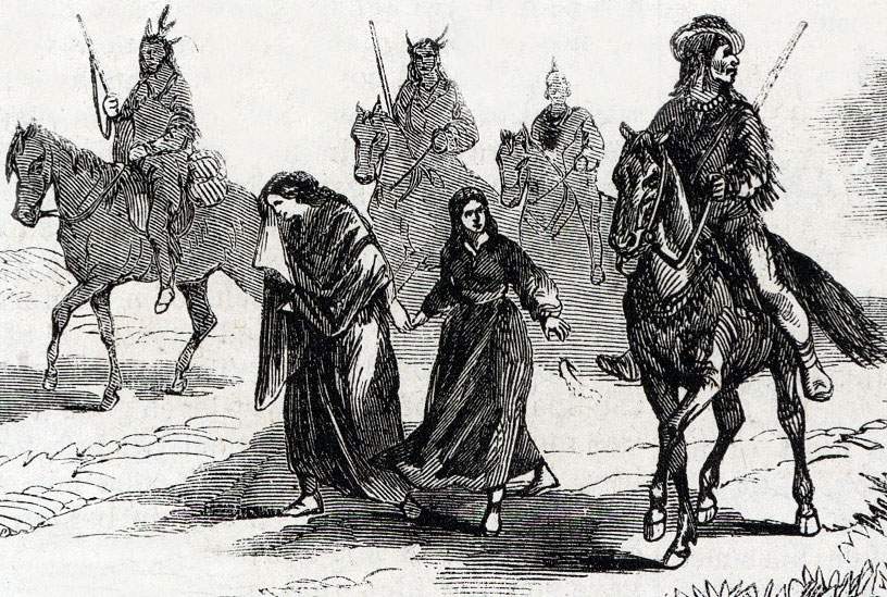 Female settlers carried off by Cheyenne Indian raiders, August 1864, artist's impression, detail
