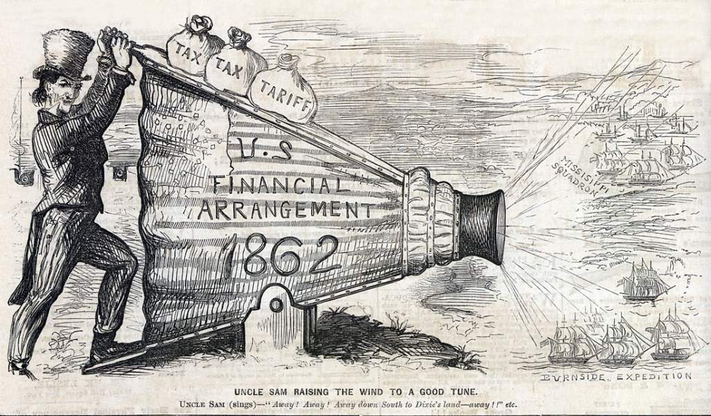 "Uncle Sam Raising the Wind To A Good Tune," cartoon, February 8, 1862