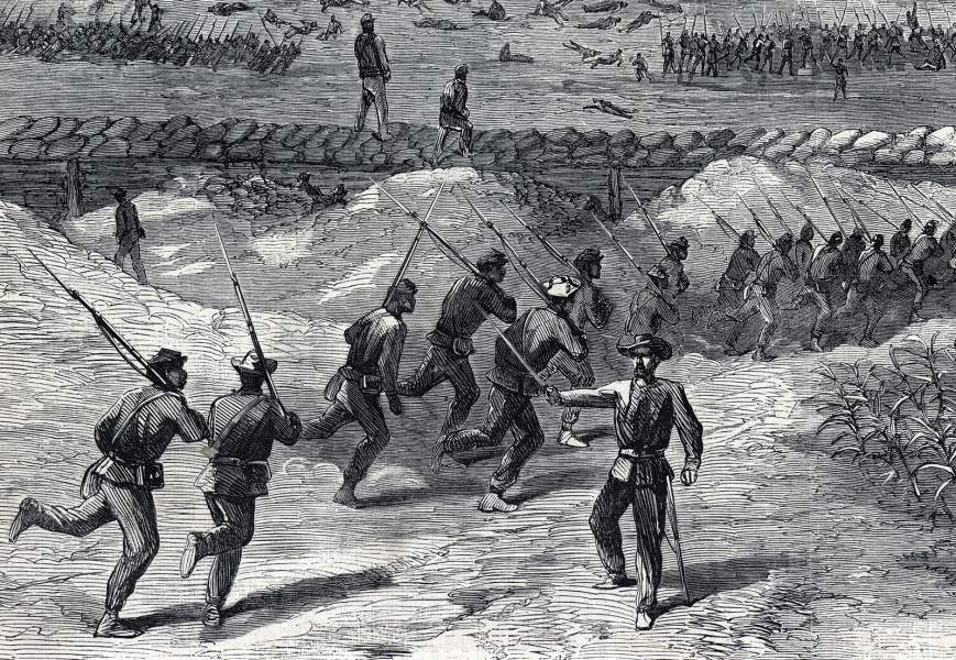 Charge of African-American brigades, Petersburg, Virginia, July 30, 1864, artist's impression, zoomable image, detail