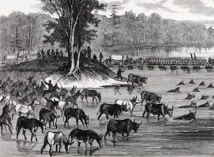 General Sherman's Army crossing Coosa River, Alabama, November 1864, artist's impression, detail