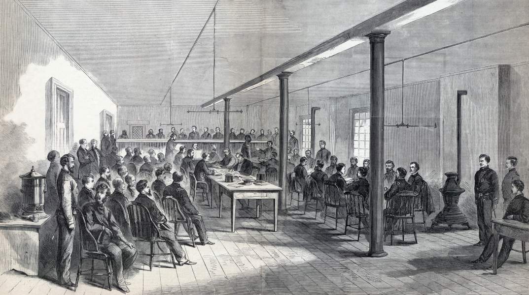 Courtroom, Lincoln Conspiracy Trial, Old Penitentiary, Washington D.C., May 1865, artist's impression, zoomable image