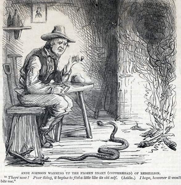 "Andy Johnson Warming Up the Frozen Snake (Copperhead) of Rebellion," cartoon, Frank Leslie's Illustrated, October 28, 1865