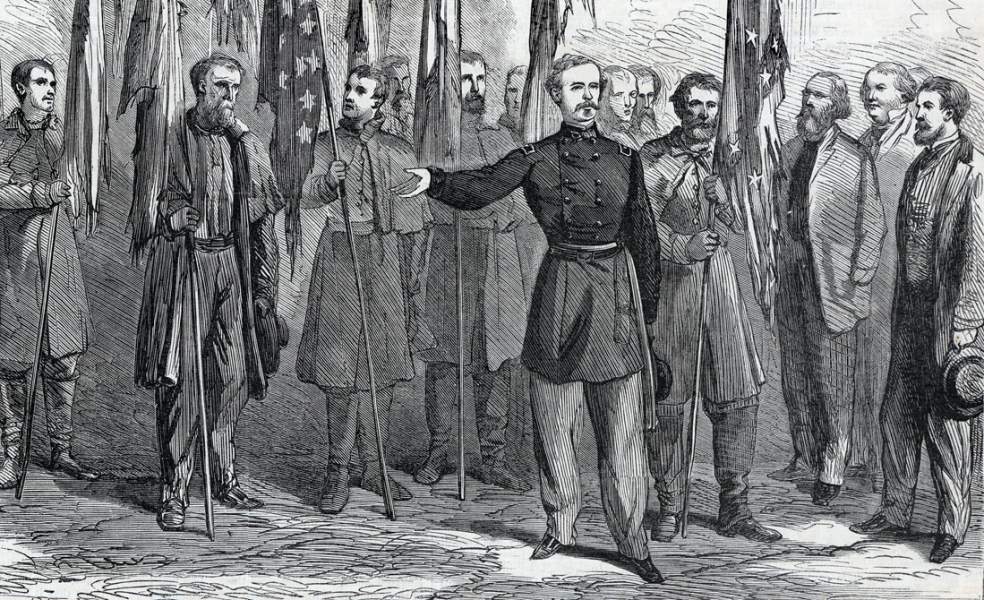 General Custer presents Confederate flags at War Department, Washington D.C., October 28, 1864, artist's impression, detail