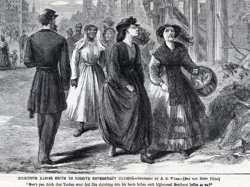 "Richmond Ladies Going to Receive Government Rations," cartoon,  Harper's Weekly Magazine, June 3, 1865, 