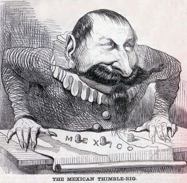"The Mexican Thimble Rig," cartoon, Harper's Weekly Magazine, April 7, 1866