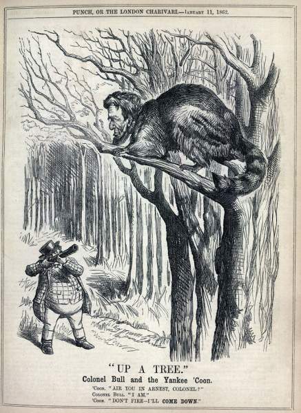 "'Up A Tree! Colonel Bull and the Yankee 'Coon,” cartoon, January 11, 1862