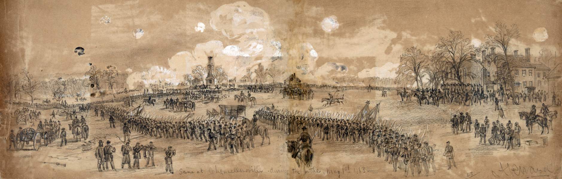 "Chancellorsville During the Battle," May 1, 1863, artist's impression, zoomable image