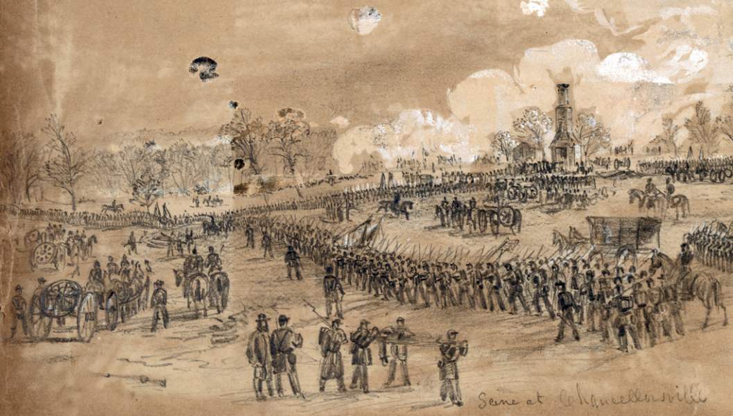 "Chancellorsville During the Battle," May 1, 1863, detail of advance, artist's impression