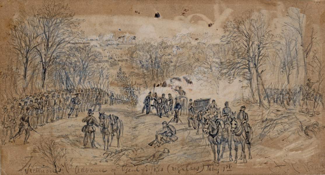 "Victorious Advance of Genl. Sykes (regulars) May 1st," Chancellorsville, May 1, 1862, artist's impression, zoomable image