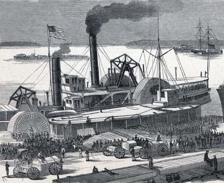 U.S. Sixth Corps moves to reinforce Washington, DC, City Point, July,1864, artist's impression, detail