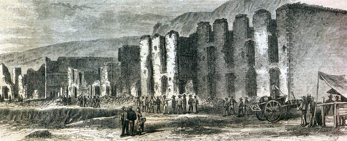 Ruins of bombarded port warehouses, Valparaiso, Chile, April 1866, artist's impression