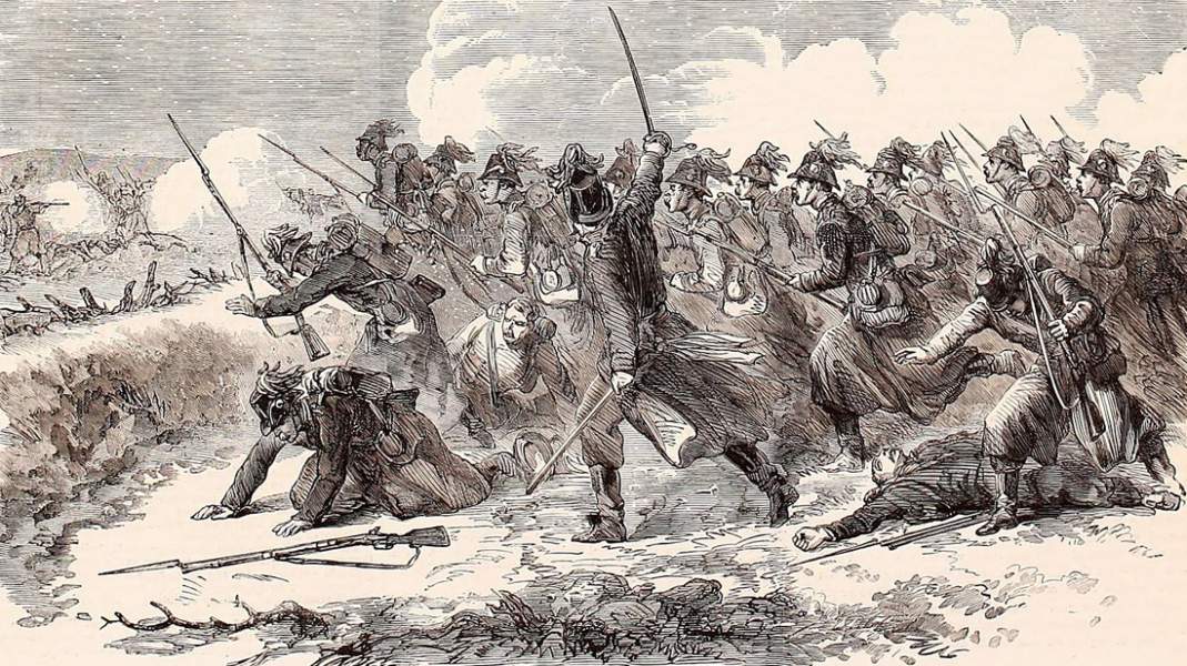 Danish infantry advancing, Battle of Overselk, Schleswig, Denmark, February 3, 1864, British artist's impression