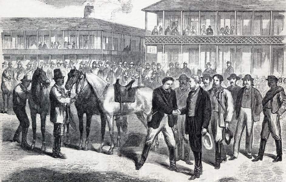 Jefferson Davis releasing the bulk of his escort, Georgia, May 8, 1865, artist's impression