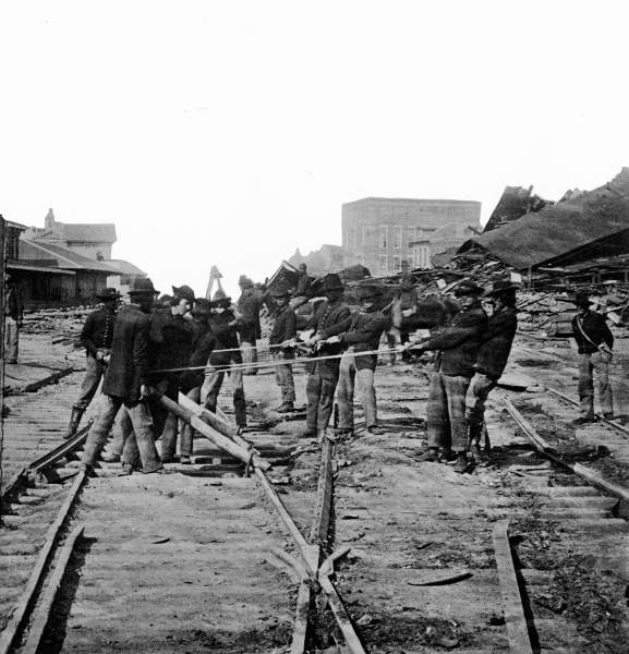Union troops destroying railroad facilities, Atlanta, Georgia, November 1864