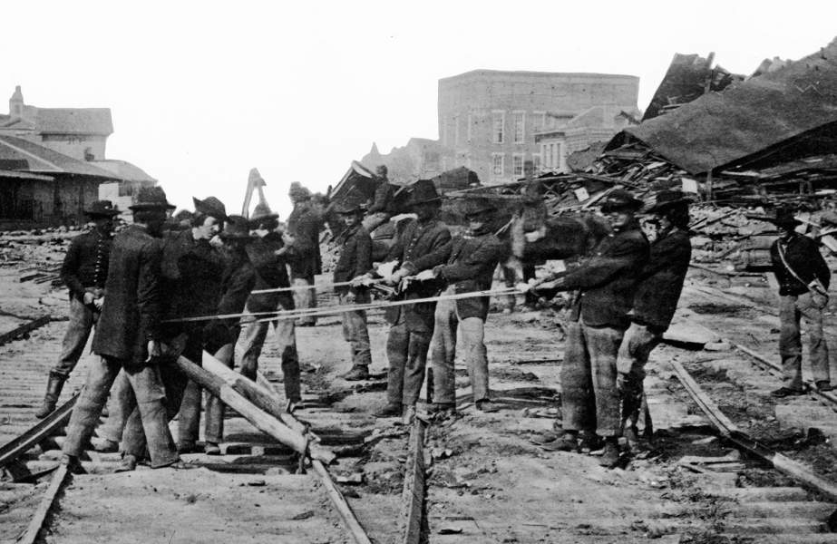 Union troops destroying railroad facilities, Atlanta, Georgia, November 1864, detail