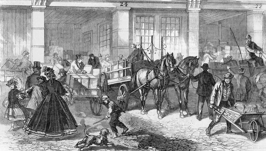 Distribution Center, supplies for Soldiers' Thanksgiving, New York City, November 1864, artist's impression, detail