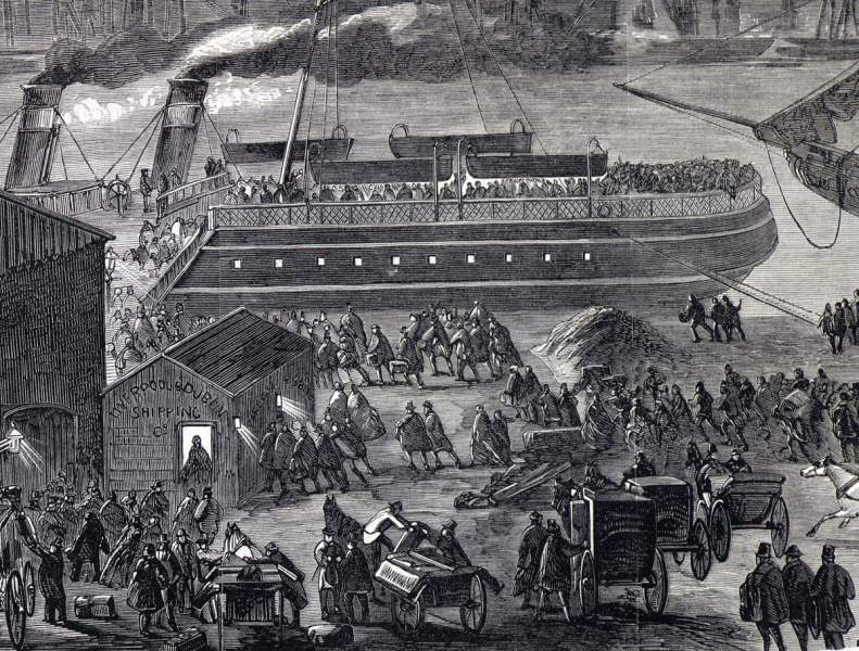 Suspected Fenian Brotherhood members fleeing Ireland, Dublin Docks, March 1866, artist's impression, detail