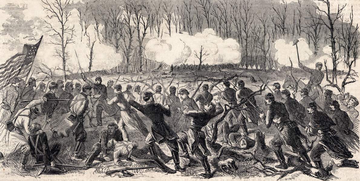 Infantry Attack by Second Iowa at Fort Donelson, Tennessee, February 1862, artist's impression, zoomable image