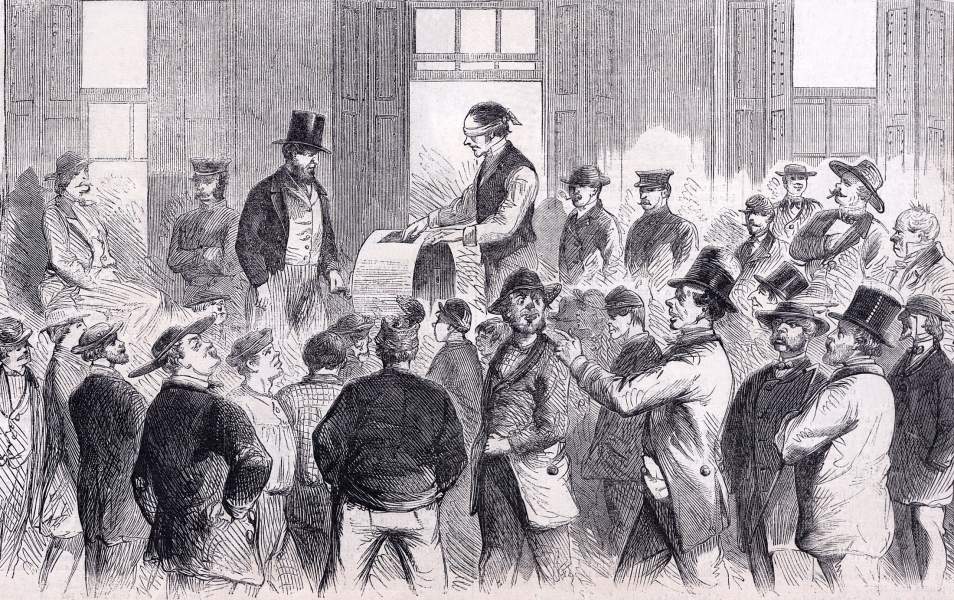 Resumption of the draft lottery in New York City's Sixth District, August 19, 1863, artist's impression, zoomable image