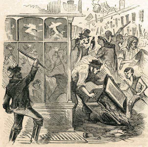 Draft rioters looting a drug store on Second Avenue, New York City, July 1863, artist's impression